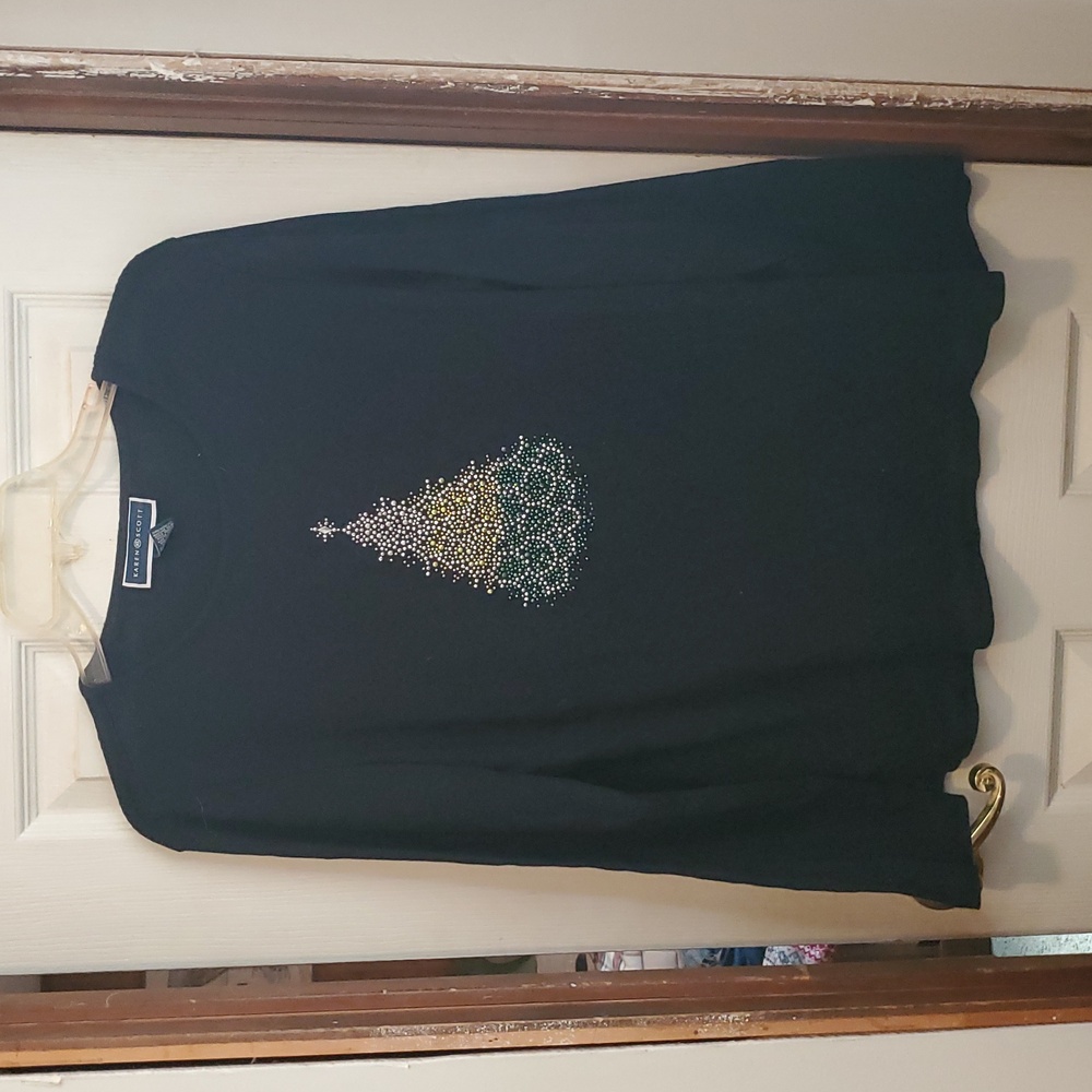 Karen Scott Black Top with Rhinestone Tree Design